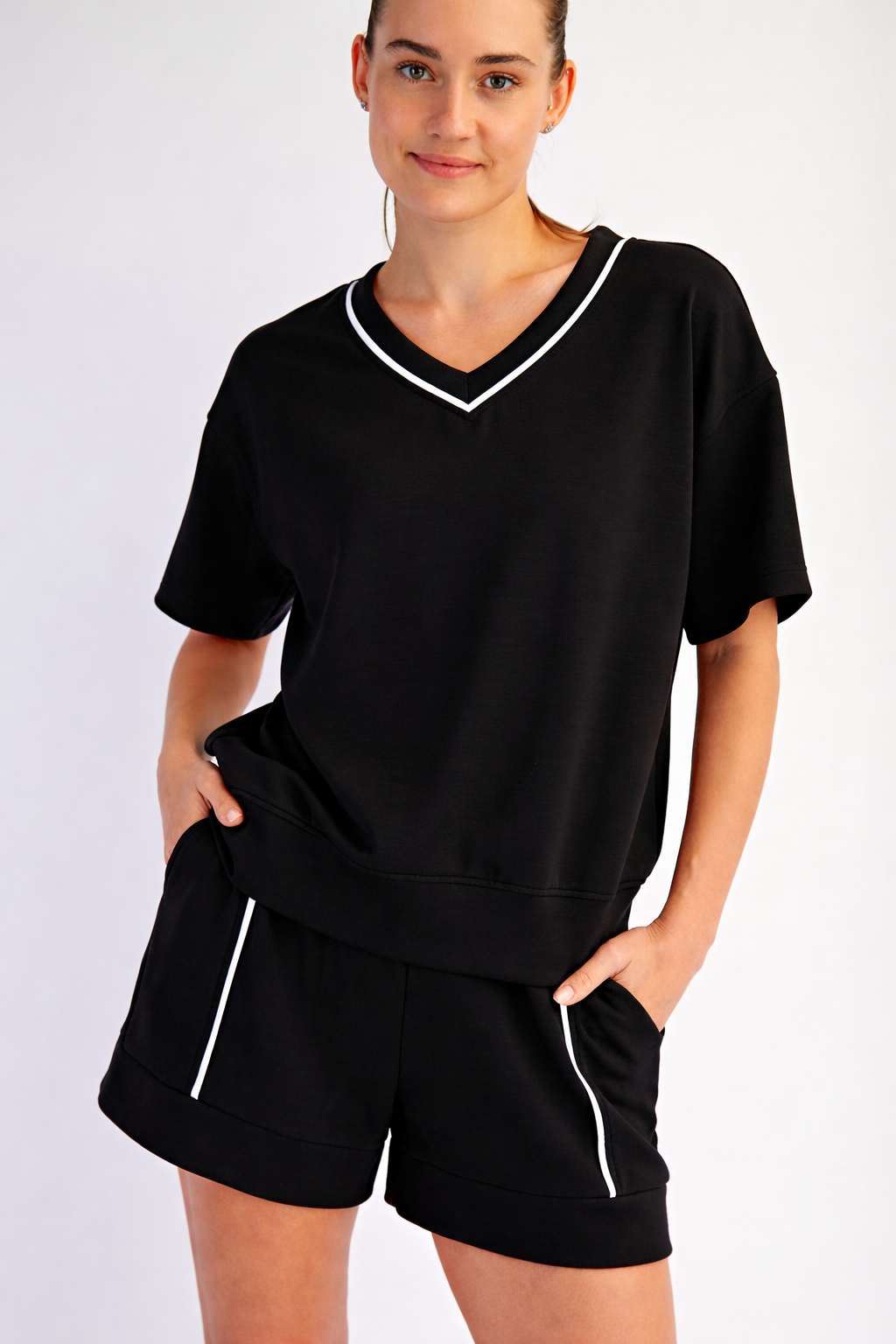 Black V-Neck Oversized Sweatshirt with Contrast Trim