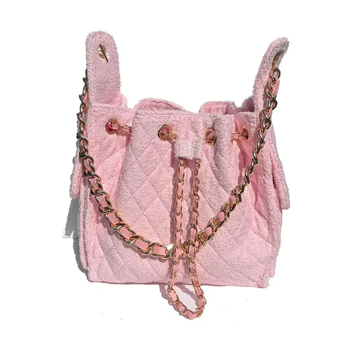 Quilted Bucket Small Bag with Gold Chain Strap and Drawstring Closure