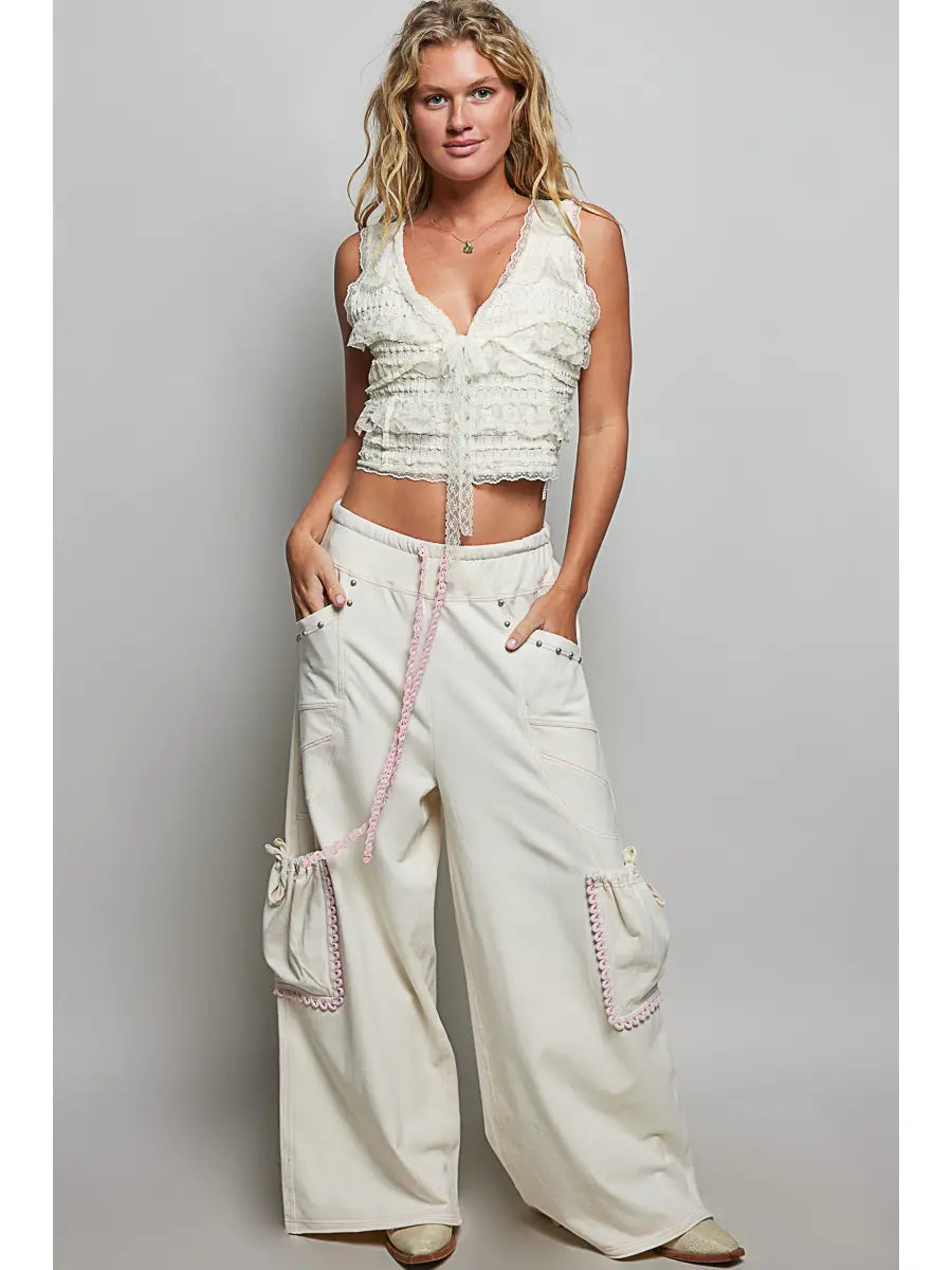 Relaxed Fit Drawstring Lounge Pants with Stud Detail and Contrast Trim