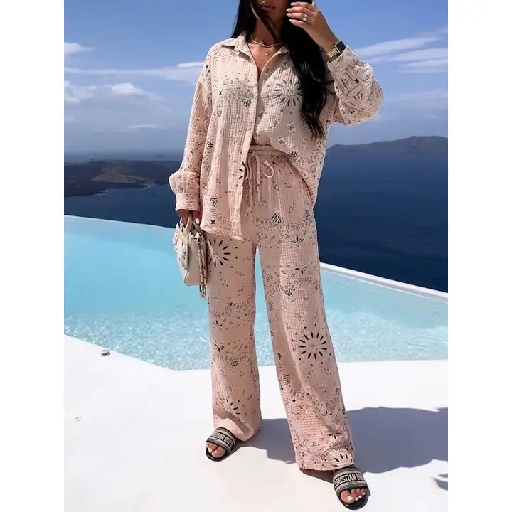 Nude Printed Button-Down Shirt and Wide-Leg Pants Set