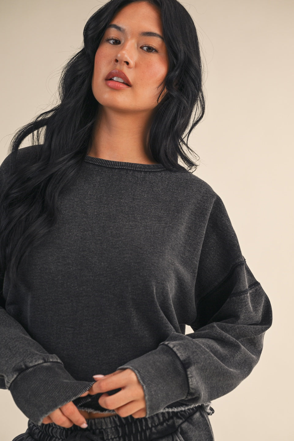 Vintage Wash Open Back Sweatshirt - Charcoal Relaxed Fit Pullover