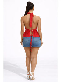 Red Halter Plunge Peplum Tie-Back Top