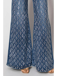 Wide-Leg Denim Jeans with Silver Sequin Geometric Pattern