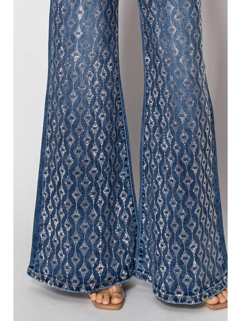 Wide-Leg Denim Jeans with Silver Sequin Geometric Pattern
