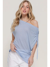 Light Blue One Shoulder Drawstring Side Top