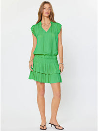Green Satin Ruffle Sleeve Tiered Mini Dress with Smocked Waist