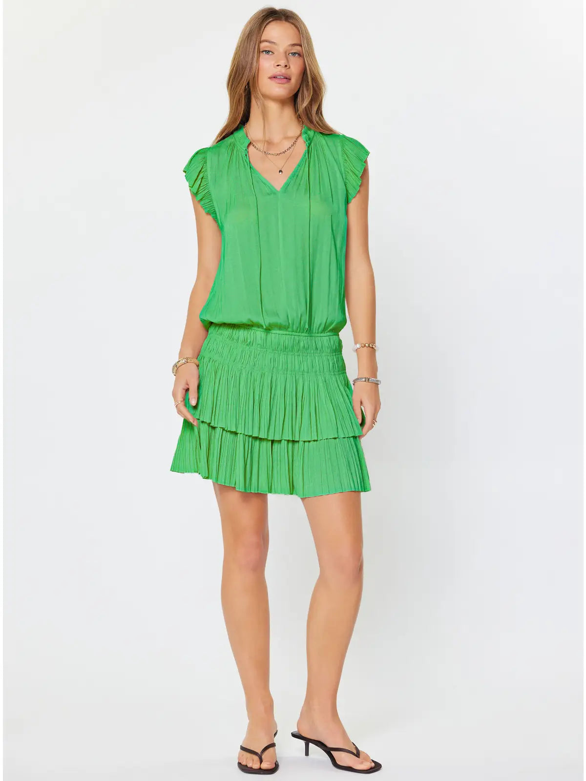 Green Satin Ruffle Sleeve Tiered Mini Dress with Smocked Waist
