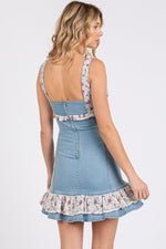 STRETCH DENIM W/ LACE RUFFLE MINI DRESS