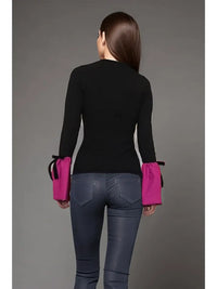 Black Knit Top with Pink Bell Sleeves and Bow Accents