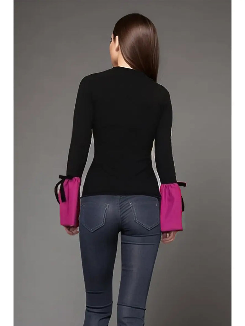 Black Knit Top with Pink Bell Sleeves and Bow Accents