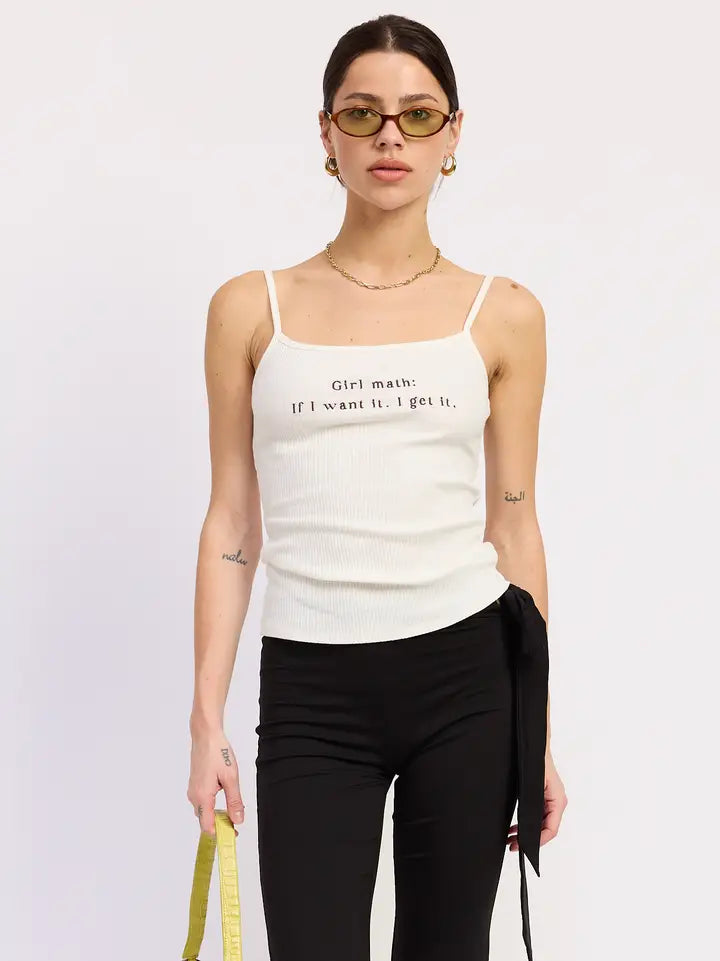 White Ribbed Cami Tank with "Girl Math" Graphic