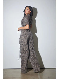 Leopard Utility Cargo Jumpsuit with Button Front and Short Sleeves