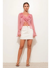 Sheer Ruffle Tie-Front Chiffon Blouse in Rose Pink