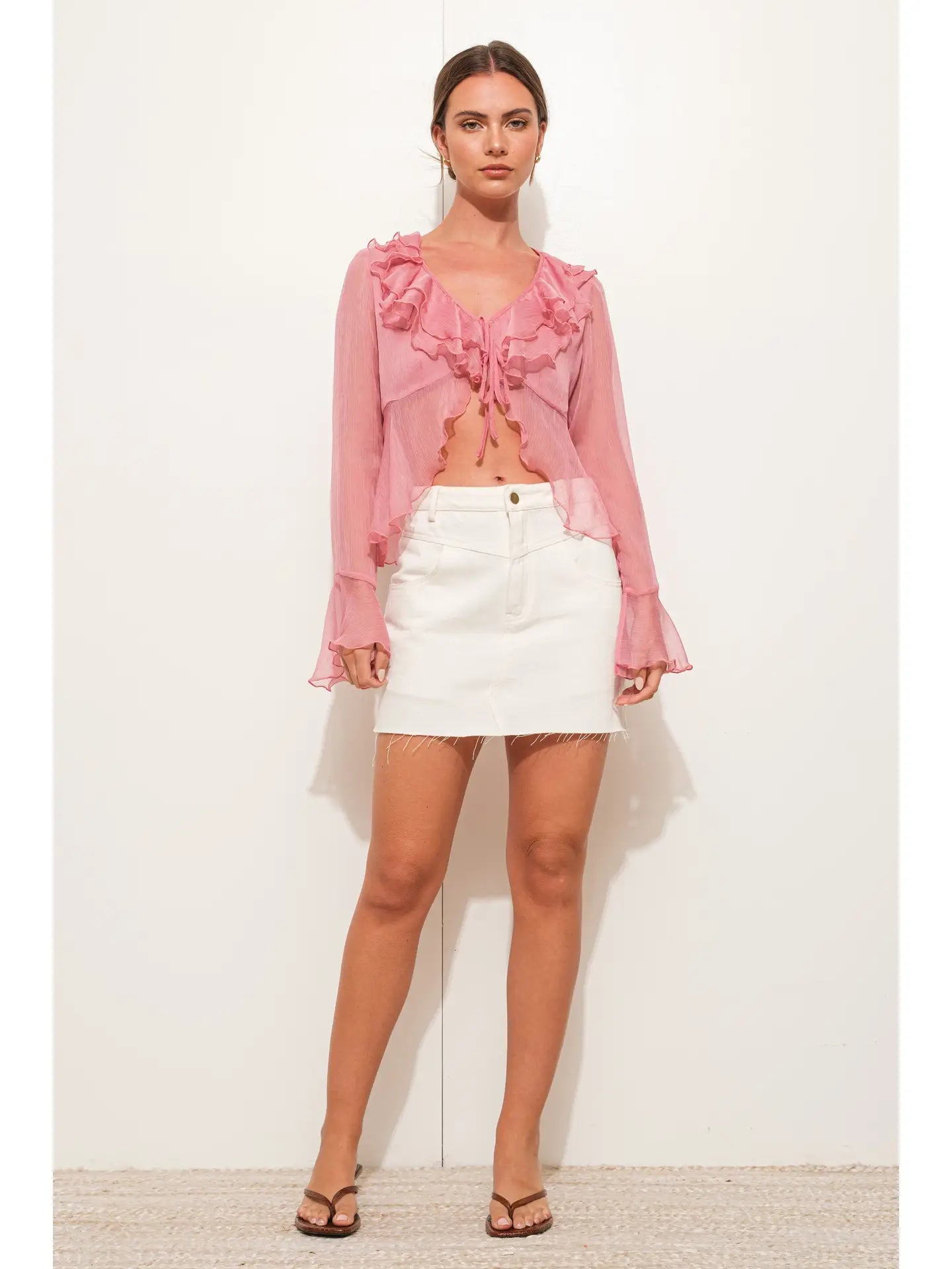 Sheer Ruffle Tie-Front Chiffon Blouse in Rose Pink