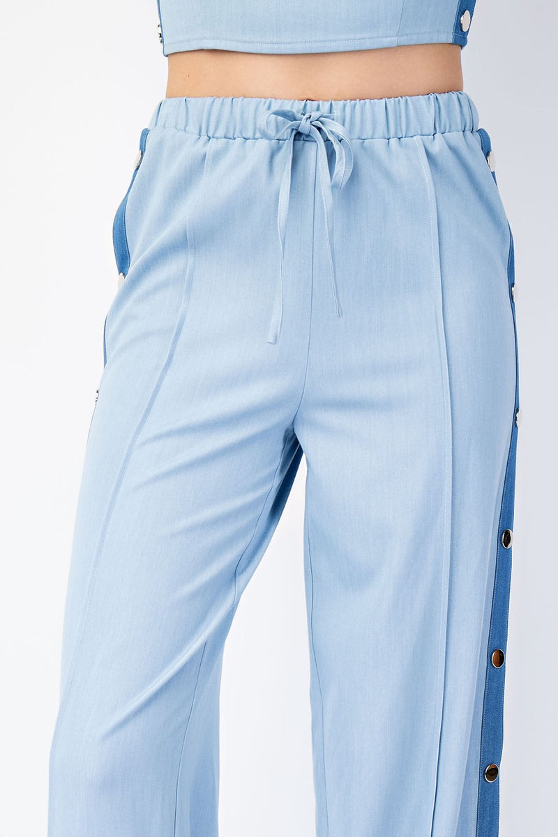 ELASTIC WAIST CHAMBRAY PANTS W/ CONTRAST SIDE