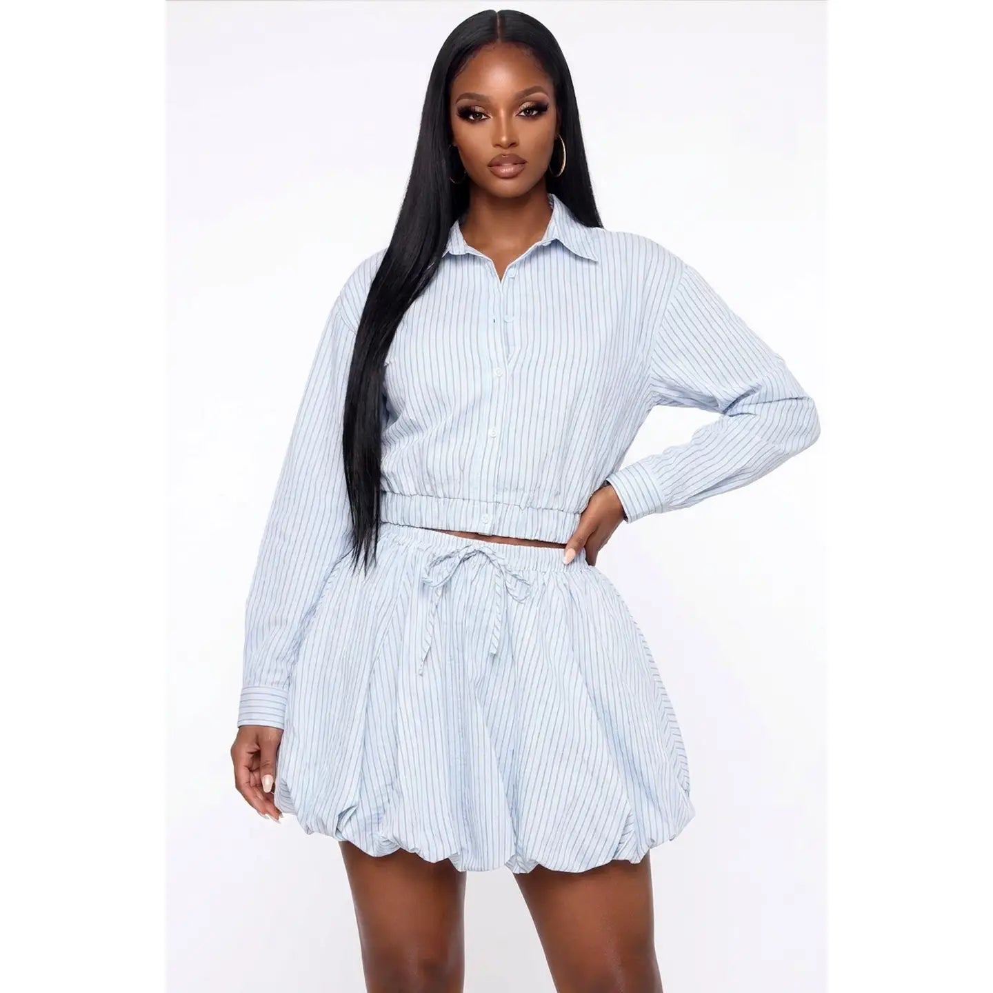 Light Blue Pinstripe Long Sleeve Crop Shirt and Bubble Hem Skirt Matching Set
