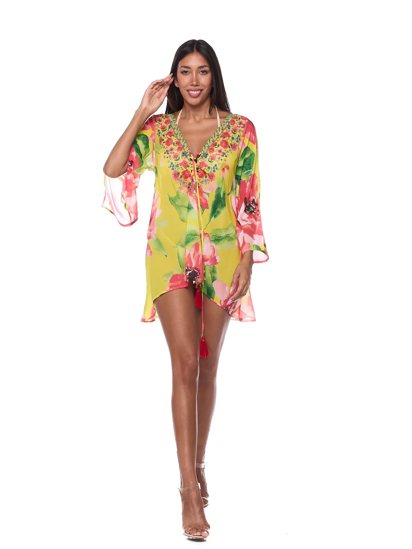 Floral Embroidered Tie-Front Chiffon Cover-Up Dress