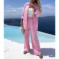 Printed Button-Down Shirt and Wide-Leg Pants Set