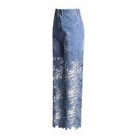 High-Waisted Denim Pants with Floral Lace Cutout Panels