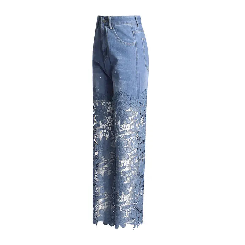 High-Waisted Denim Pants with Floral Lace Cutout Panels