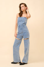 Strapless Tube Cut Out Knee Rhinestone Denim Jumpsuit