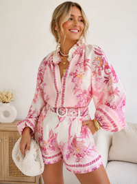 Floral Button-Front Belted Short Set