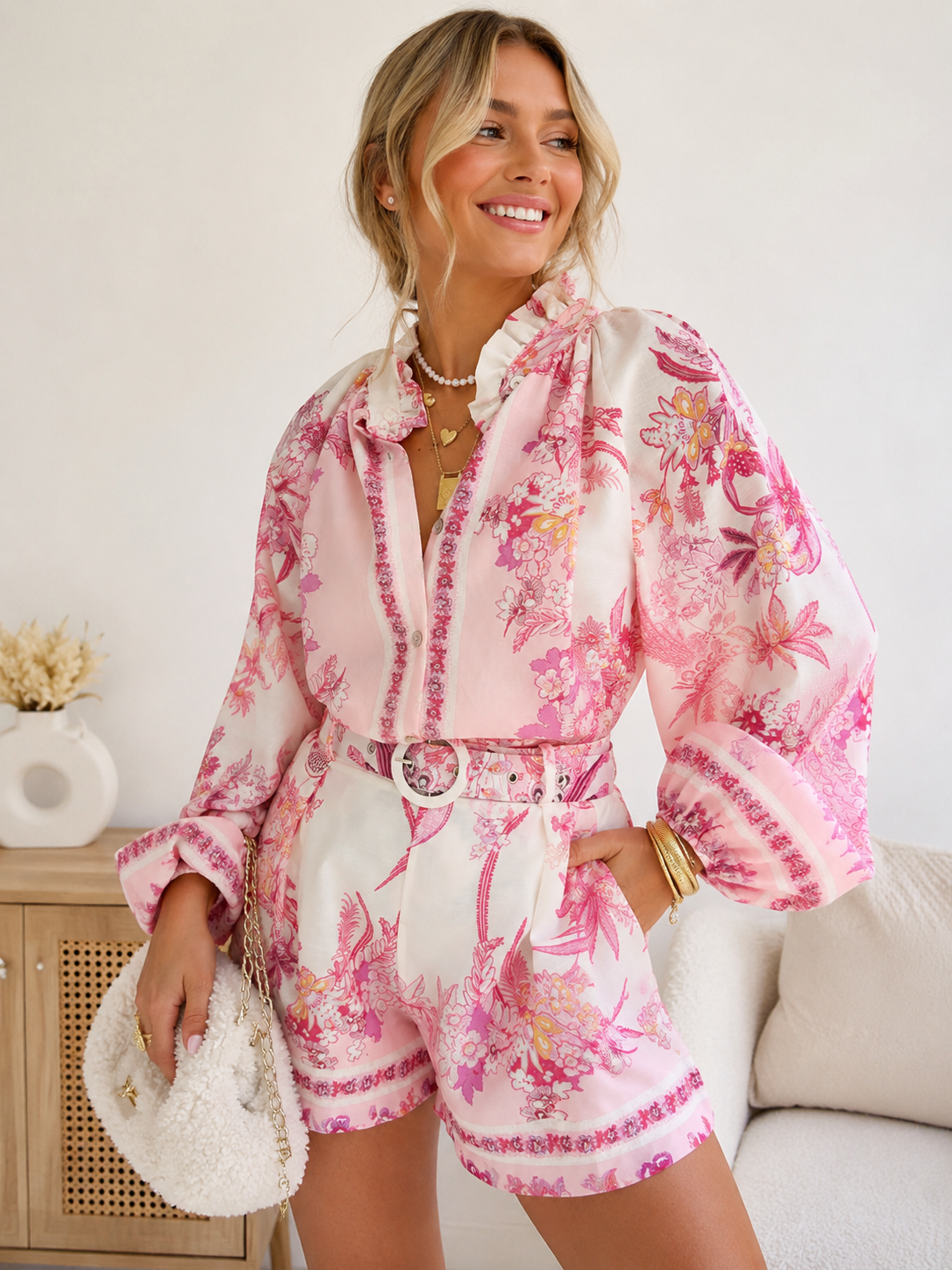 Floral Button-Front Belted Short Set