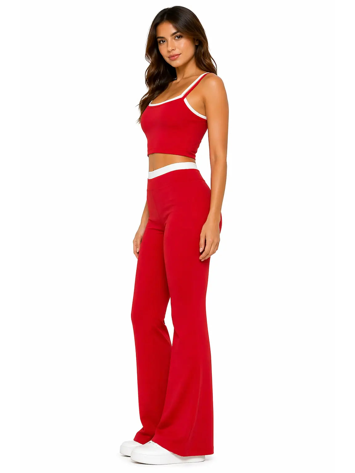 Red Contrast Trim Sports Bra and Flared Leggings Set