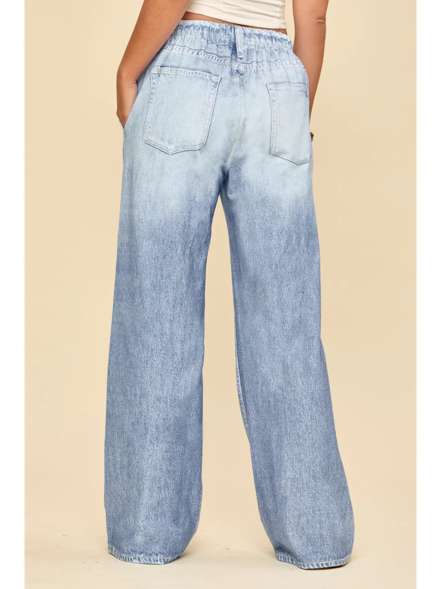 High Rise Elastic Waist Wide Leg Jeans in Light Denim