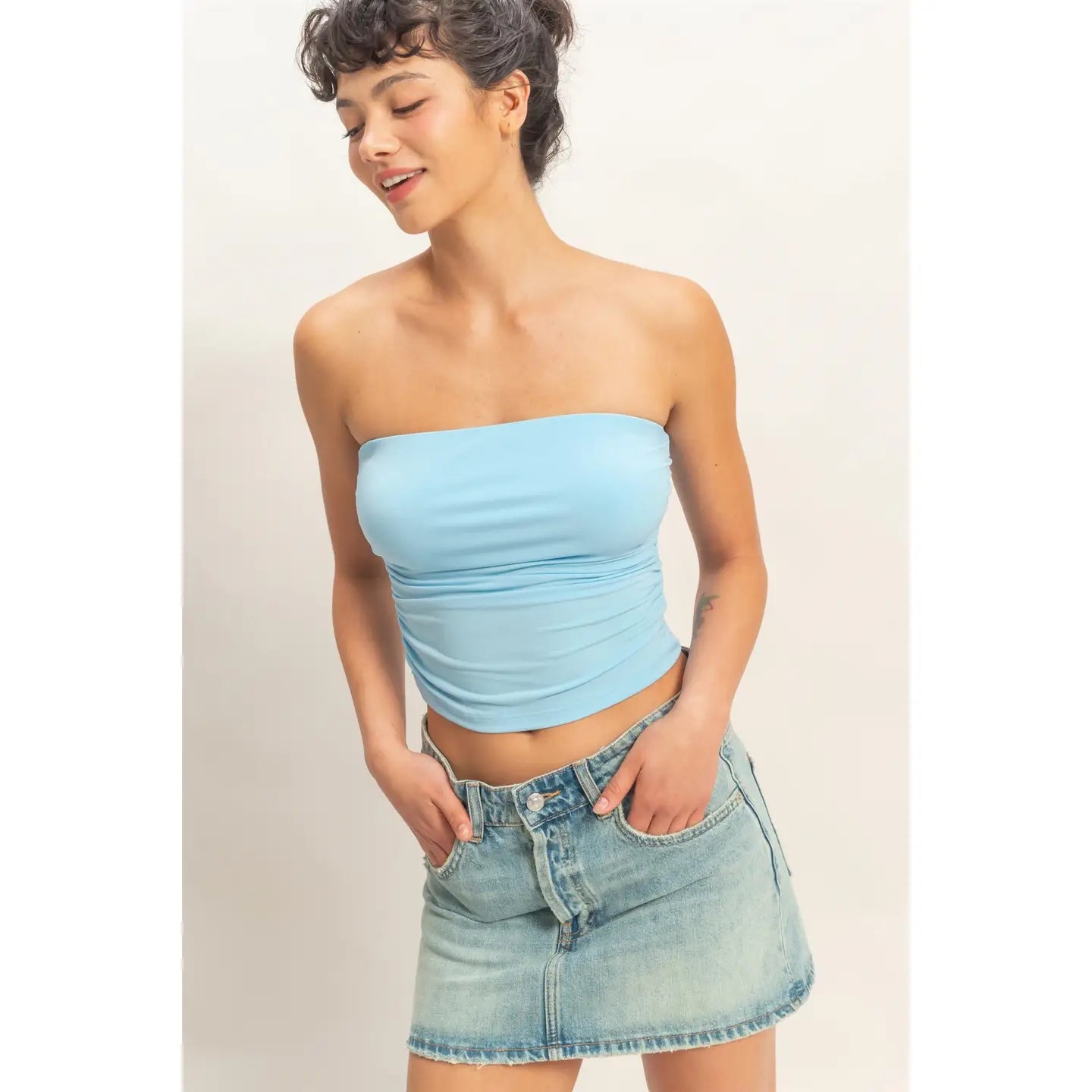 Blue Strapless Fitted Tube Top