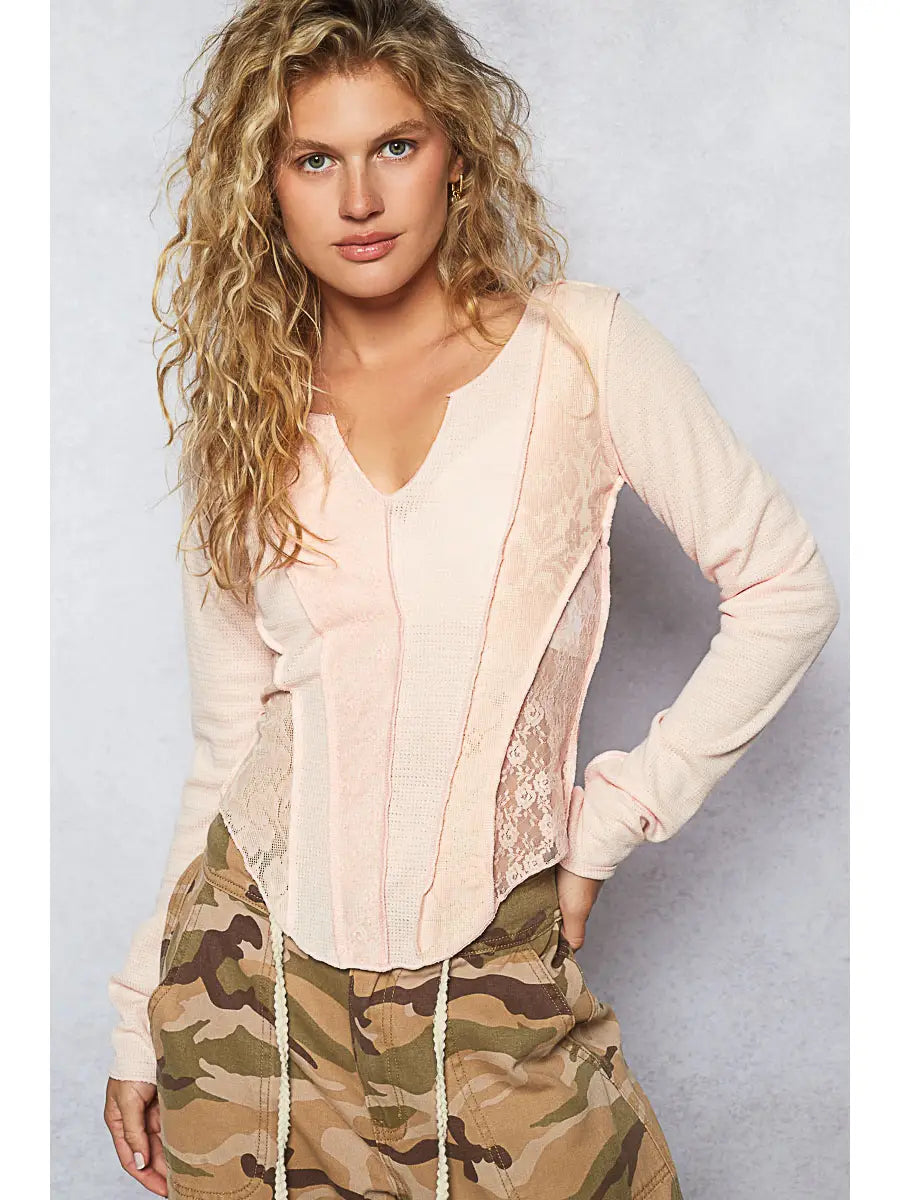 Pink Lace Panel Outseam Long Sleeve Top