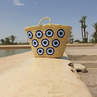 Moroccan Straw Tote Bag with Evil Eye Design French Market Basket