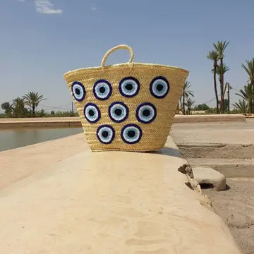 Moroccan Straw Tote Bag with Evil Eye Design French Market Basket