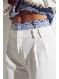 White Tailored Pants with Light Denim Waistband Detail