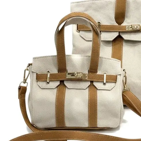 Canvas Tote Bag with Tan Leather Trim and Crossbody Strap