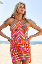 LAYERED WRAP TIED WAIST CROCHET DRESS COVER UP