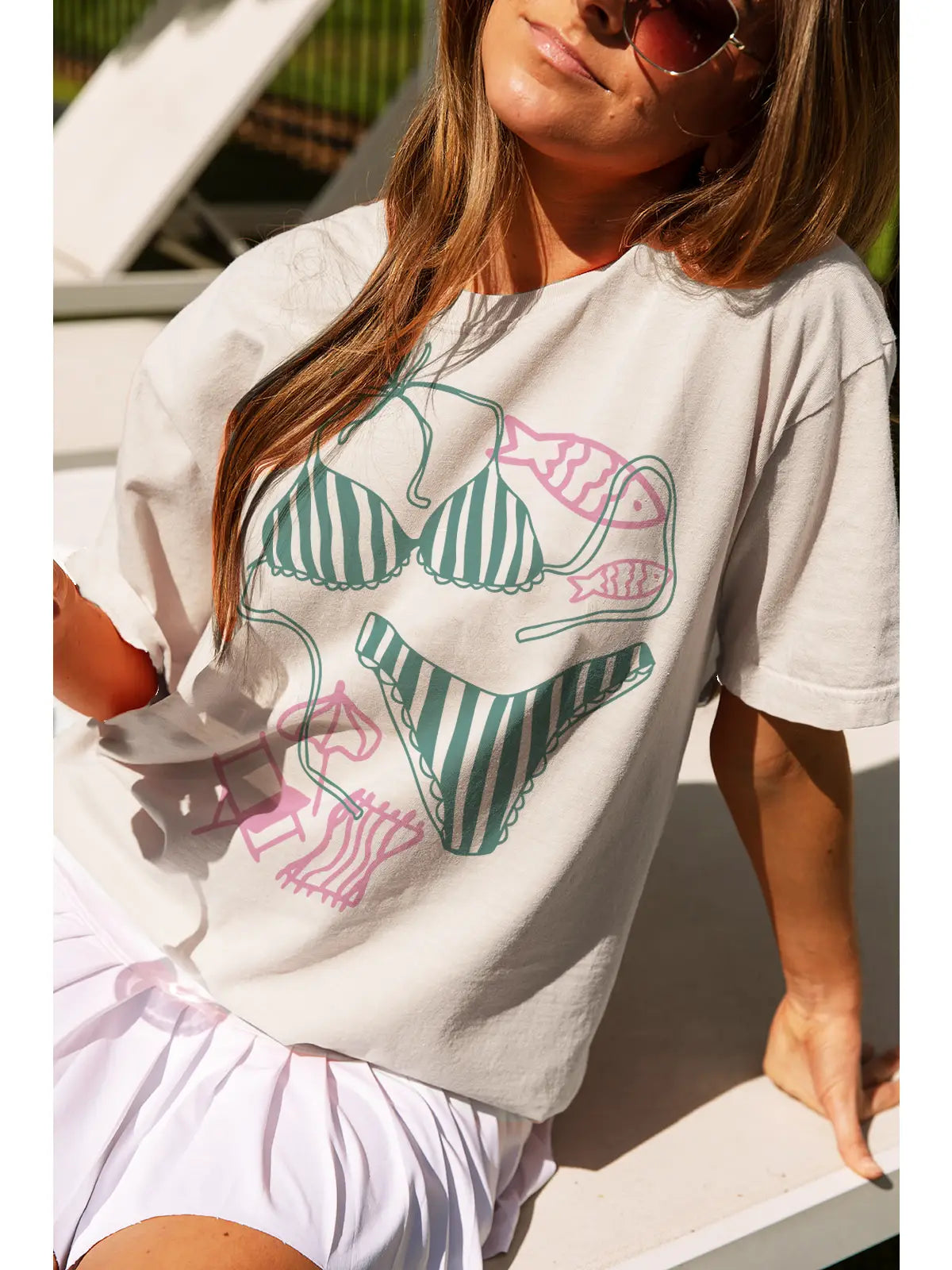 Nude Oversized Graphic T-Shirt with Bikini Print and Back Slogan