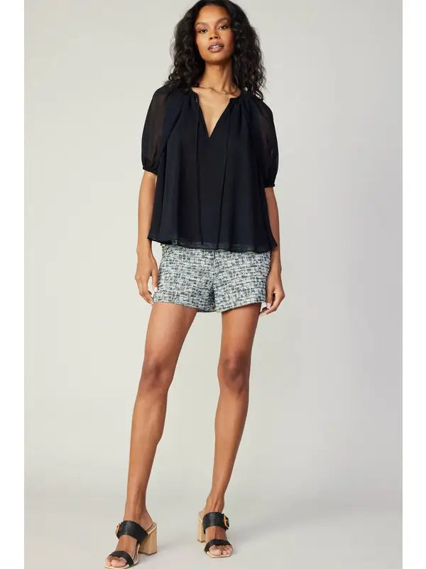 Black Sheer Puff Sleeve Flowy Blouse