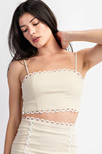 LINEN CROP TOP W CONTRAST LACE AND BACK TIE