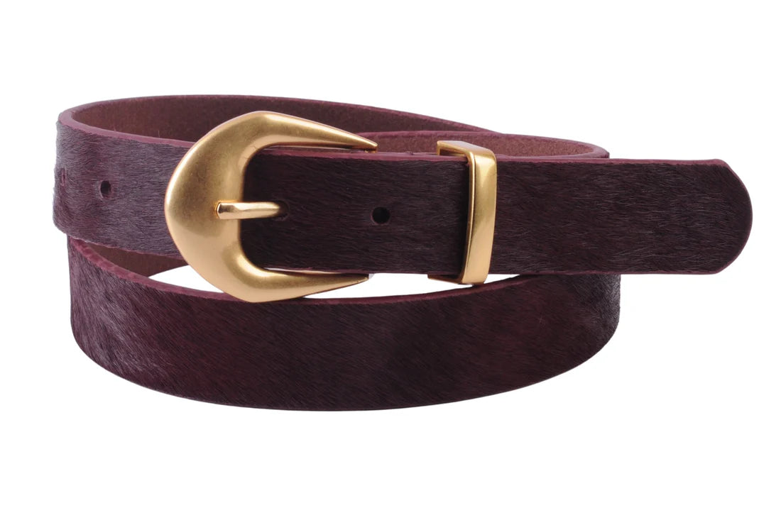 Burgundy Calf Hair Belt with Gold Curved Buckle