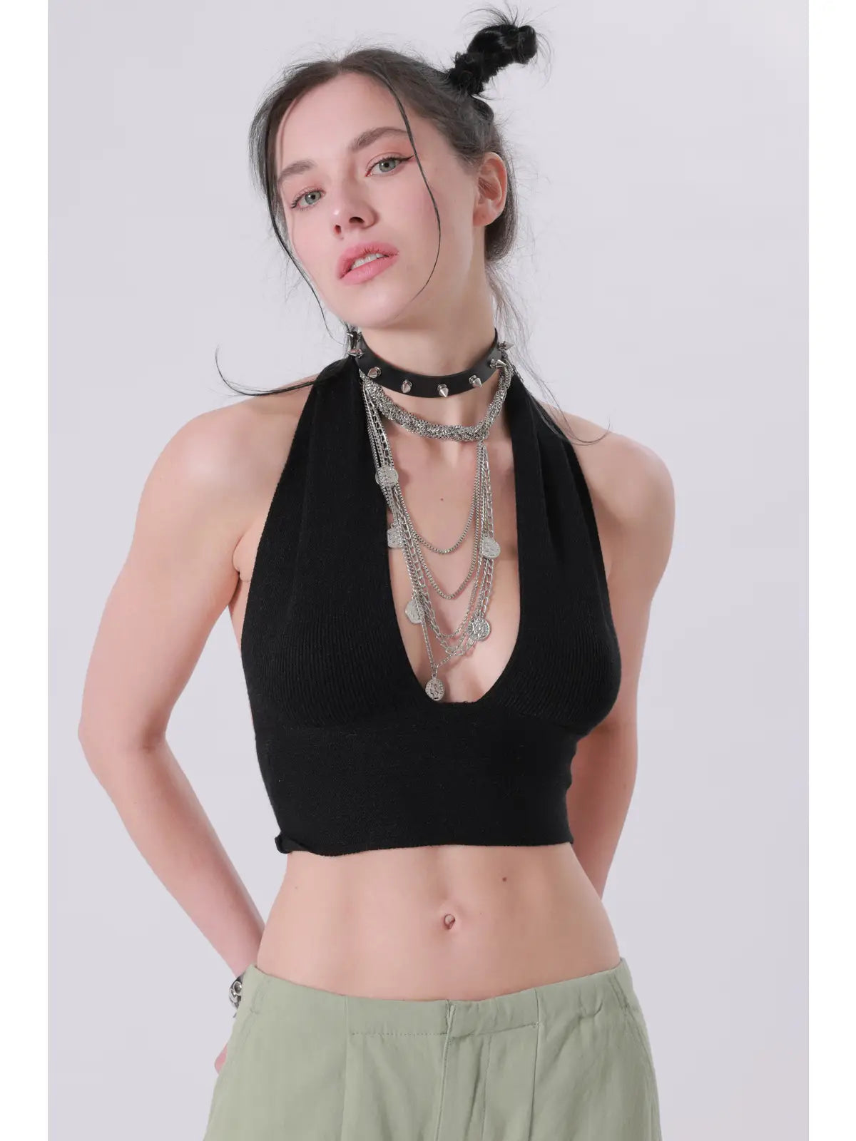 Black Ribbed Halter Neck Crop Top with Deep V Neckline