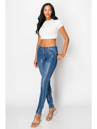 Sequin Mesh Overlay High-Waisted Jeggings Medium Blue
