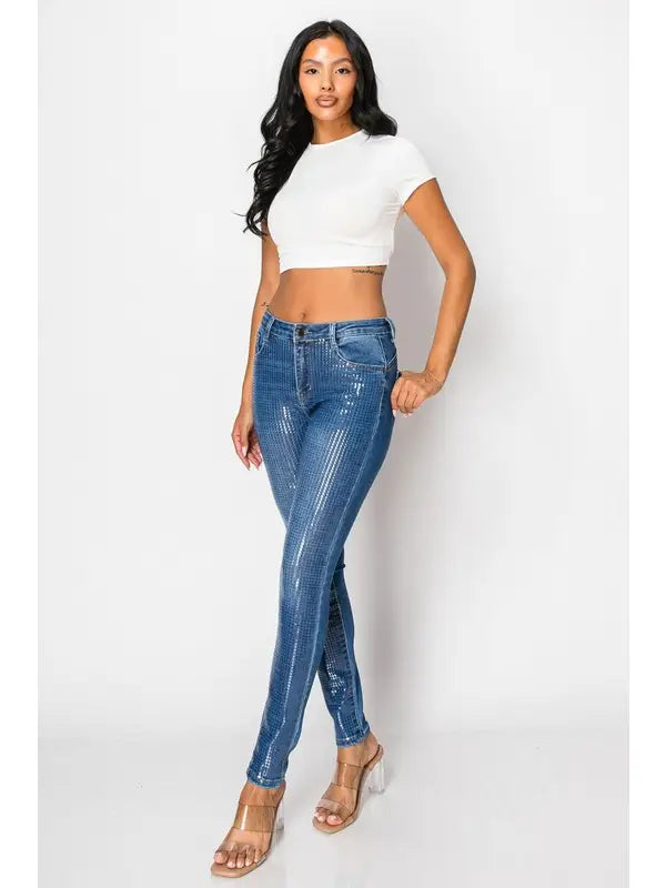 Sequin Mesh Overlay High-Waisted Jeggings Medium Blue