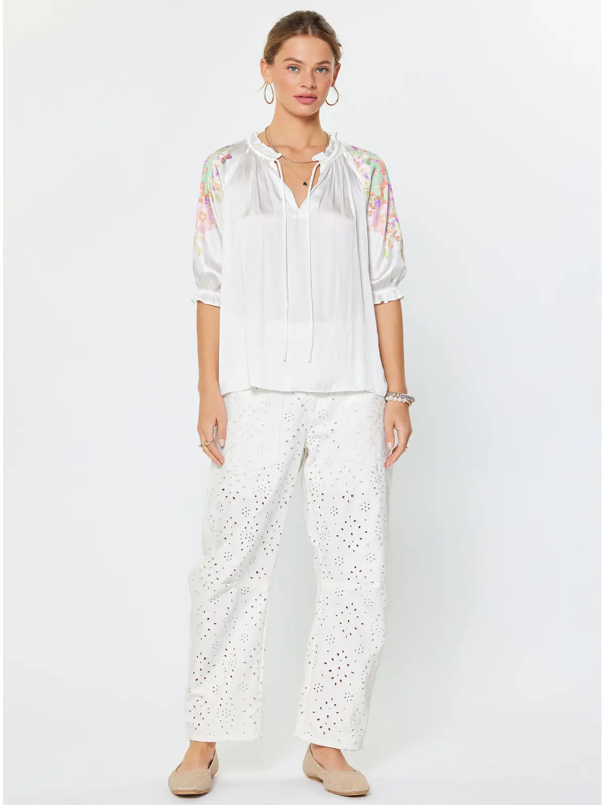Ivory Floral Sleeve Ruffle Neck Blouse