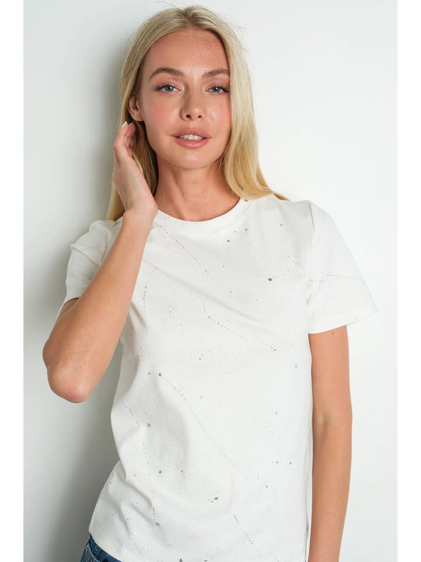 White Galaxy Speckled Short Sleeve Crew Neck Tee