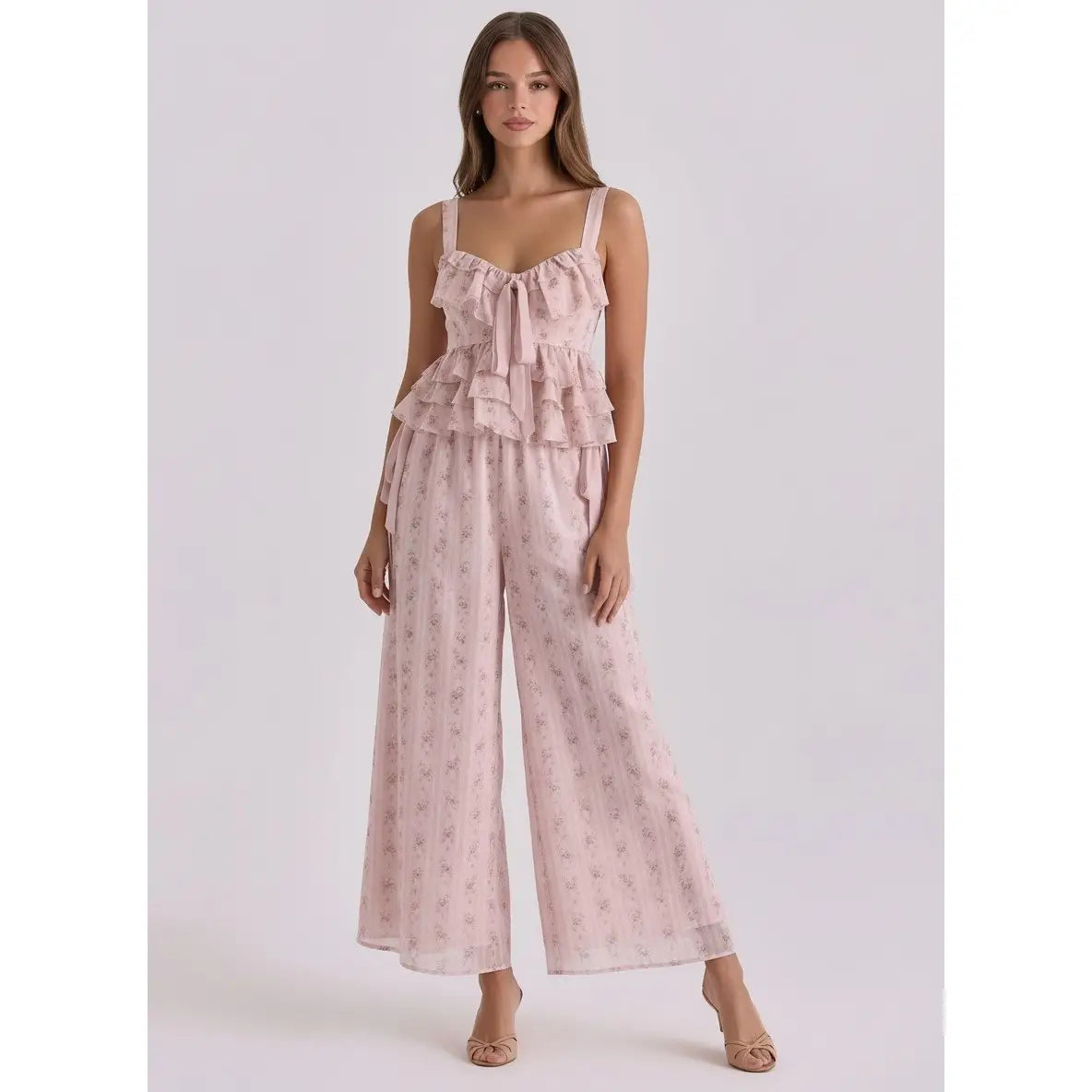 Blush Floral Wide Leg Pants with Side Tie Bow Detail