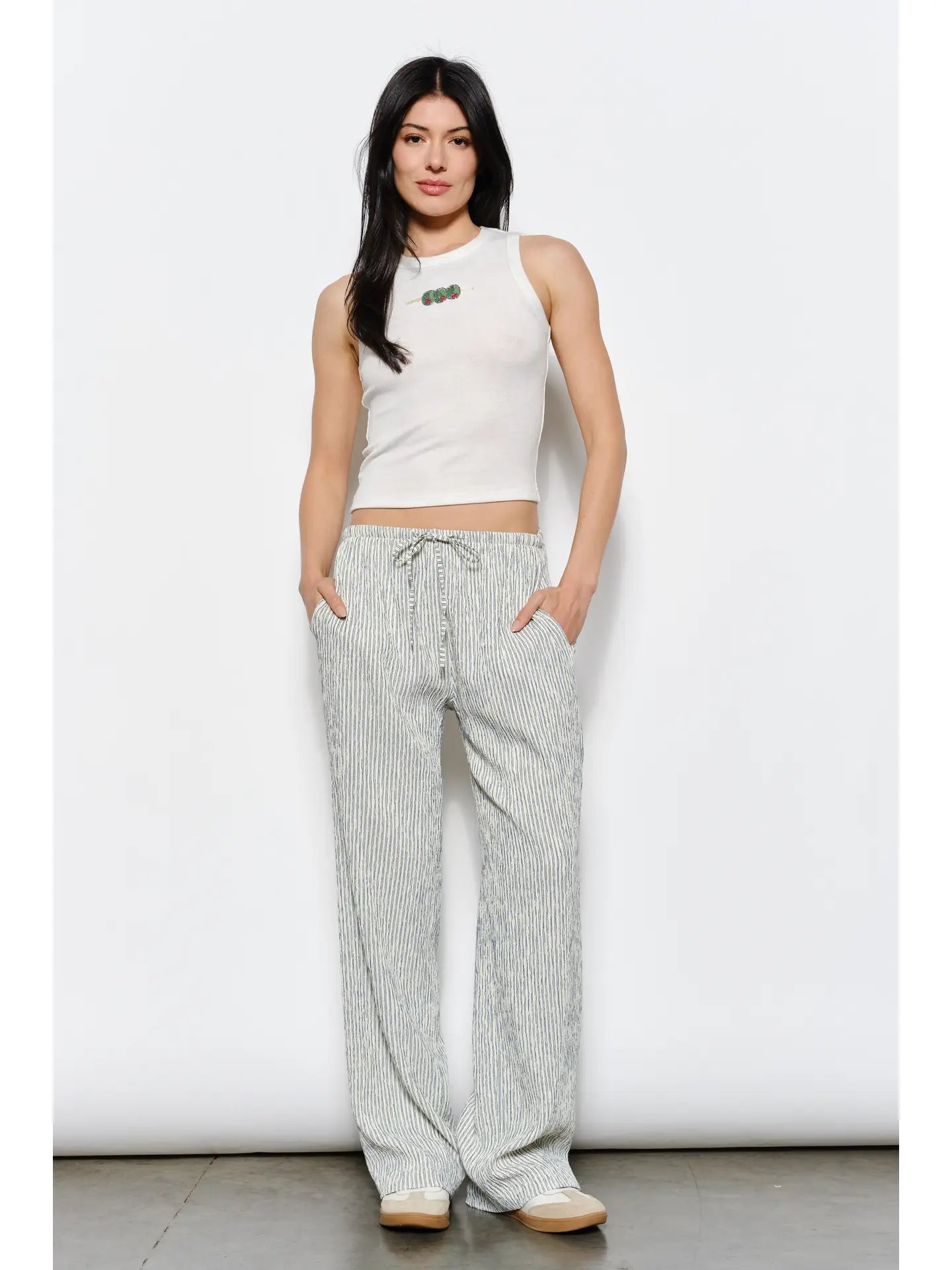 White Ribbed Tank Top with Beaded Olive Embroidery