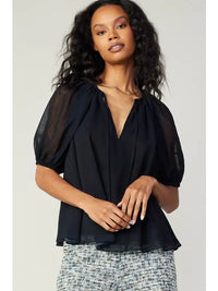 Black Sheer Puff Sleeve Flowy Blouse