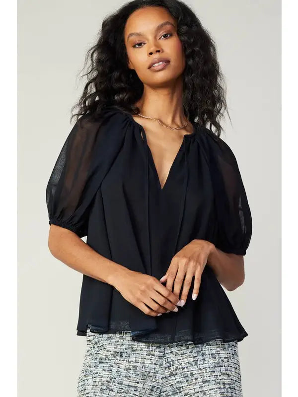 Black Sheer Puff Sleeve Flowy Blouse