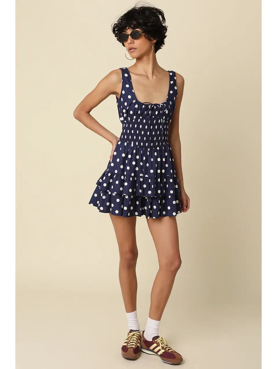 Polka Dot Tiered Romper with Smocked Bodice and Ruffle Skirt